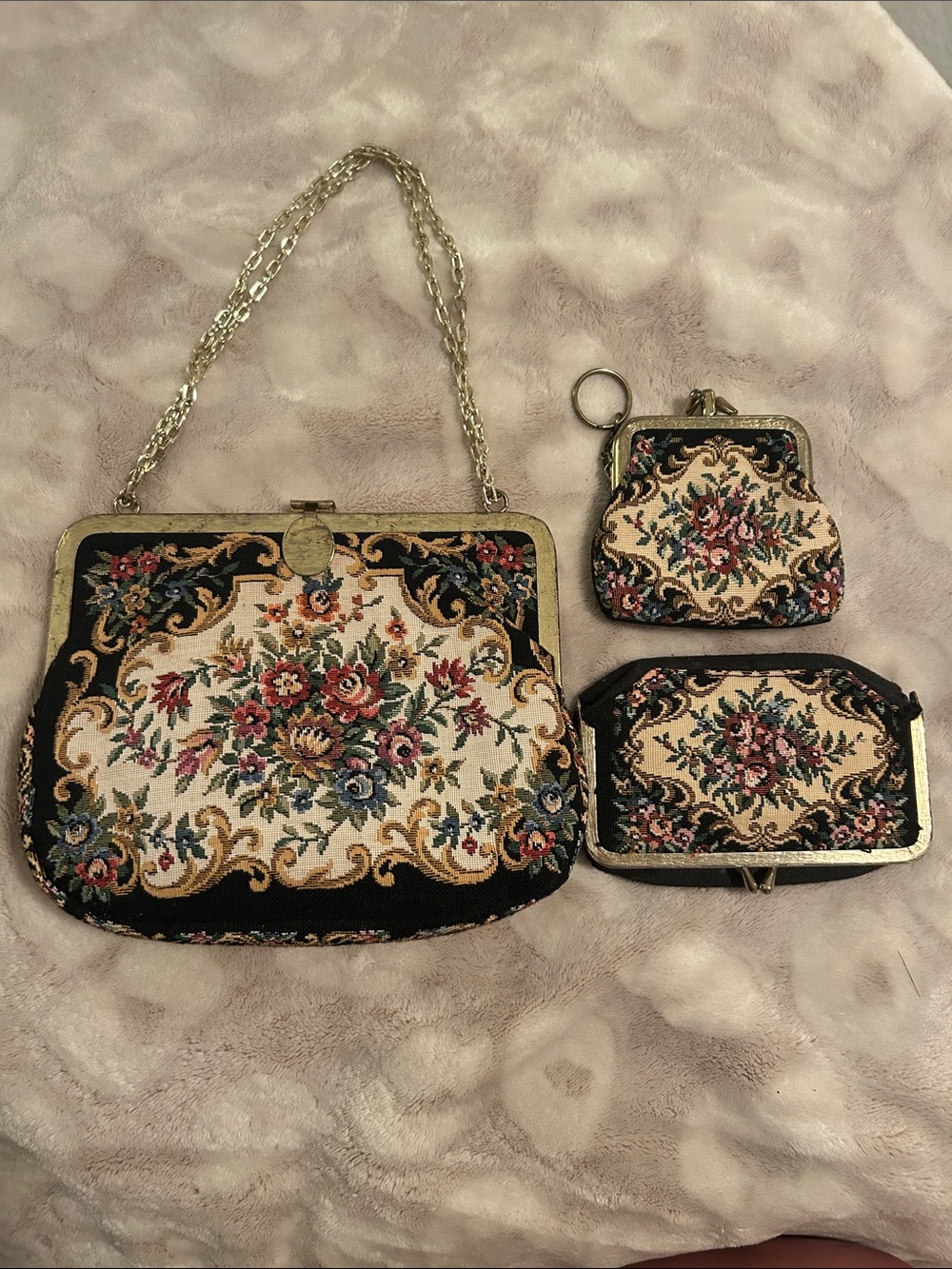 Vintage Floral Tapestry Handbag Set - Cream & Black